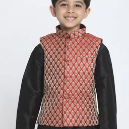 VASTRAMAY Boys Maroon & Beige Woven-Design Banarasi Brocade Woven Jacquard Slim-Fit Nehru Jacket-21