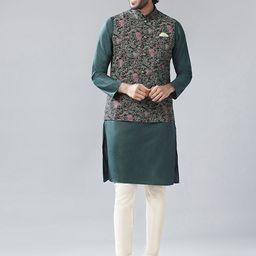KISAH Men Black & Green Solid Kurta with Pyjamas With Nehru Jacket-picture-12