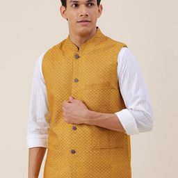 Fabindia Men Yellow Woven Design Nehru Jackets-picture-32