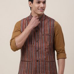 Fabindia Men Brown Woven-Design Cotton Nehru Jacket-image-41