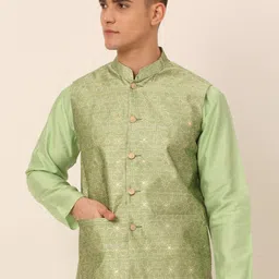 Jompers Men Green Woven Design Nehru Jacket-image-21