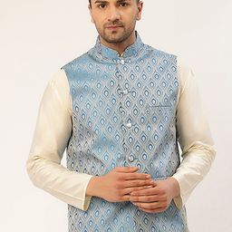 Jompers Men Sky Blue Woven Design Nehru Jacket-25