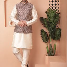 Anouk Maroon Woven Design Mandarin Collar Silk & Cotton Nehru Jacket-75