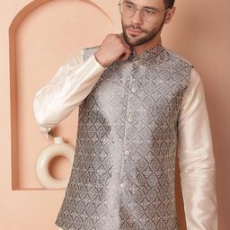 Anouk Grey Woven Design Mandarin Collar Silk & Cotton Nehru Jacket-74