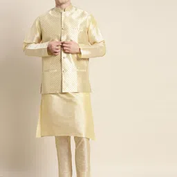 SOJANYA Men Solid Kurta with Churidar & Woven Design Nehru Jacket-picture-14
