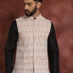 Anouk Peach-Coloured Embroidered Mandarin Collar Nehru Jacket-79