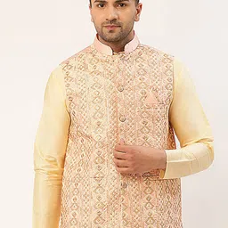 Jompers Men Rose-Gold Embroidered Woven Regular Fit Nehru Jacket-38