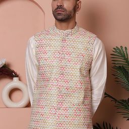 Jompers Floral Printed & Embroidered Satin Nehru Jacket-32