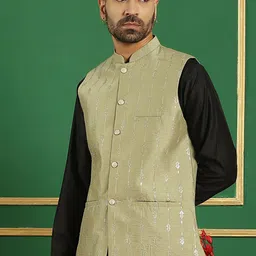 Anouk Green Embroidered Mandarin Collar Sequinned Detailed Silk Cotton Nehru Jacket-20
