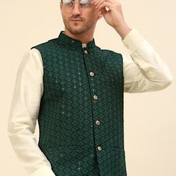Anouk Olive Green Embroidered Sequinned Nehru Jacket-25