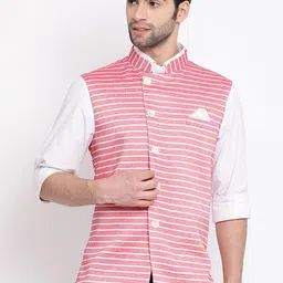 VASTRAMAY Men Red & White Striped Slim-Fit Nehru Jacket-14