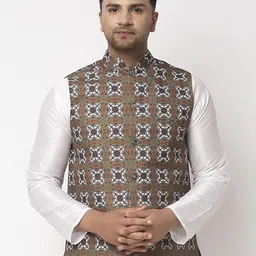 Benstoke Men Olive Green & White Printed Woven Nehru Jacket-42