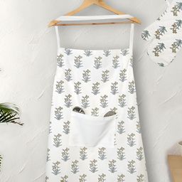 Texstylers  2 Pieces White Printed Cotton Apron With Oven Mitt-image-85