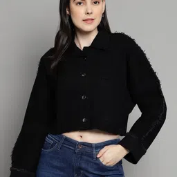 Xpose Spread Collar Lightweight Faux Fur Trim Pure Cotton Crop Denim Jacket-35