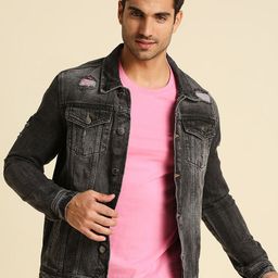 High Star Men Charcoal Washed Denim Jacket-image-70