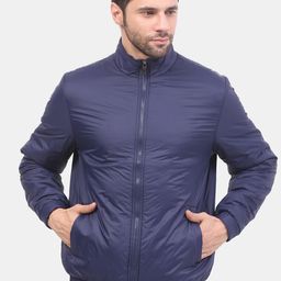Mast & Harbour Navy Blue Mock Collar Long Sleeves Nylon Bomber Jacket-image-12