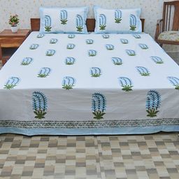 Ethnic Rajasthan Blue & Green Floral Cotton 140 TC Queen Bedsheet with 2 Pillow Covers-image-12