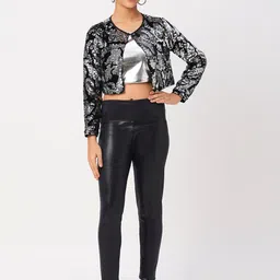 LIL DRAMA Kids Collarless Sequinned Crop Open Front Jacket-28