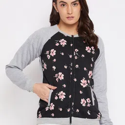 PURYS Women Grey & Black Floral Fleece Bomber-image-72