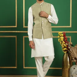 Anouk Green & Off White Embroidered Regular Sequinned Kurta with Pyjamas image 1