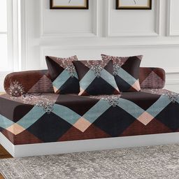 AEROHAVEN Brown & Green 6 Pieces Printed Cotton 210 TC Diwan Set-31