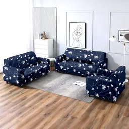 Cortina Navy Blue 3 Pieces Printed One & Three Seater Skirt Sofa Covers-image-71