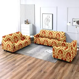 Cortina 3 Pcs Yellow & Orange Printed Stretchable Sofa Cover-22