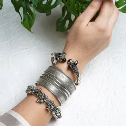 TEEJH Women Set Of 3 Silver-Plated & Black Oxidised Cuff Bracelet-34