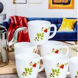 Cello White & Red Floral Printed Opalware Glossy Mugs Set of Cups and Mugs image 1