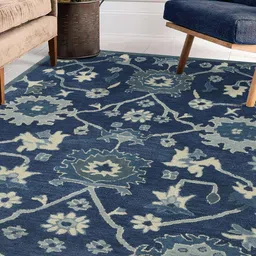 saraswatii global Blue & Beige Floral Printed Woolen Rectangle Carpet-55