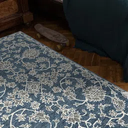 saraswatii global Navy Blue & White Floral Printed Woolen Rectangle Carpet-43