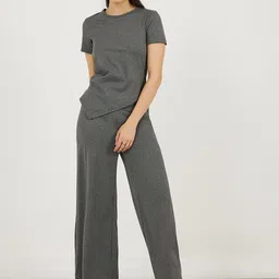Styli Women Short Sleeves Side Ruching Knit Top And Wide Leg Jogger Set-image-53