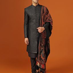 KISAH Self Design Mandarin Collar Sherwani Set-picture-17