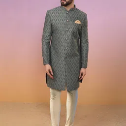 KISAH Printed Mandarin Collar Sherwani Set-image-60