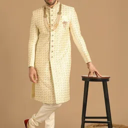 Manyavar Self Design Mandarin Collar Raw Silk Sherwani Set-picture-47
