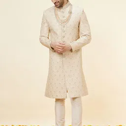 Manyavar Embroidered Mandarin Collar Raw Silk Sherwani Set-picture-34