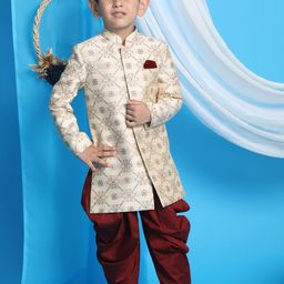 VASTRAMAY Boys Beige & Maroon Printed Slim Fit Sherwani Set-picture-20