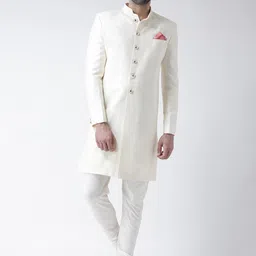 KISAH Men Off-White Self-Design Cotton Sherwani Set-image-70