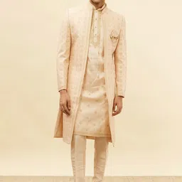 Manyavar Floral Embroidered Mandarin Collar Beads & Stones Sherwani With Pyjama & Coat-image-23