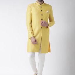 KISAH Men Yellow & White Self Designed Cotton Sherwani Set-image-57