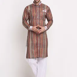 Benstoke Men Blue & Red Printed Sherwani Set-image-32