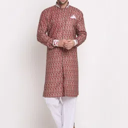 Benstoke Men Beige & Red Printed Sherwani-37