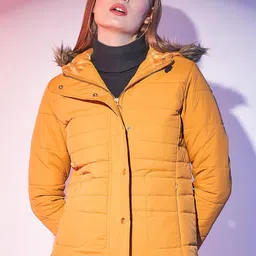 STREET 9 Yellow Hooded Long Sleeves Lightweight Faux Fur Trim Puffer Jacket-image-53