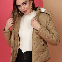 Freehand by The Indian Garage Co Brown Detachable Hooded Long Sleeve Zip Detail Quilted Jacket-image-1