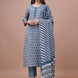 Sangria Ethnic Motifs Printed Straight Pure Cotton Kurta And Trousers With Dupatta-picture-43