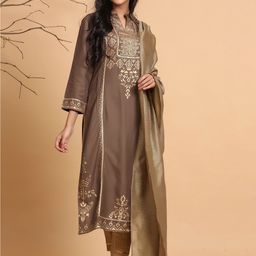 Juniper Band Collar Ethnic Motifs Printed Foil Kurta with Trousers & Dupatta-image-5
