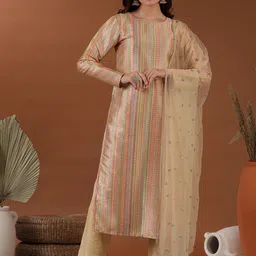 Inddus Striped Embroidered Round Neck Thread Work Kurta with Trousers & With Dupatta-14