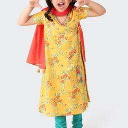 Fabindia Girls Floral Printed Angrakha Pure Cotton Kurta with Churidar & Dupatta-picture-10