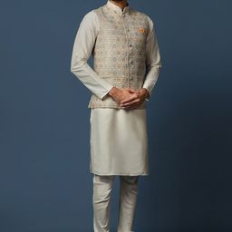 KISAH Mandarin Collar Regular Kurta with Churidar & Printed Nehru Jacket image 1