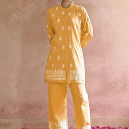 LeeliPeeri Designer Floral Embroidered Mandarin Collar Chikankari Tunic With Palazzos-image-38